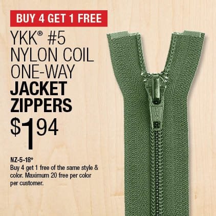 Buy 4 Get 1 Free - YKK® #5 Nylon Coil One-Way Jacket Zippers $1.94 / NZ-5-18* / Buy 4 get 1 free of the same style & color / Maximum 20 free per color per customer.