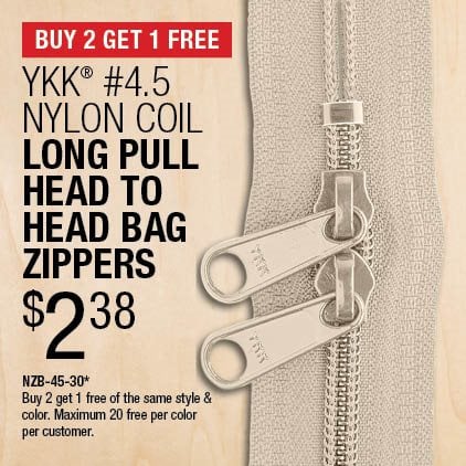 Buy 2 Get 1 Free - YKK® #4.5 Nylon Coil Long Pull Head To Head Bag Zippers $2.38 / NZB-45-30* / Buy 2 get 1 free of the same style & color / Maximum 20 free per color per customer.
